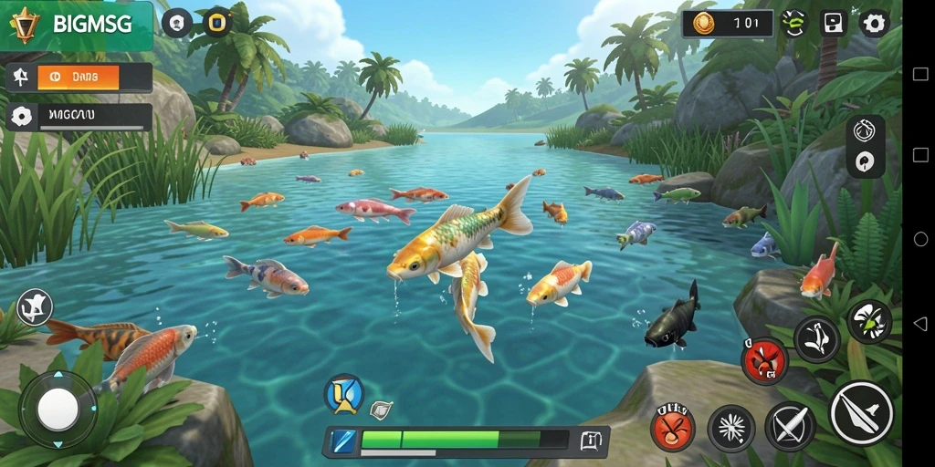 Tampilan gameplay BIGMSG yang menampilkan petualangan memancing seru.