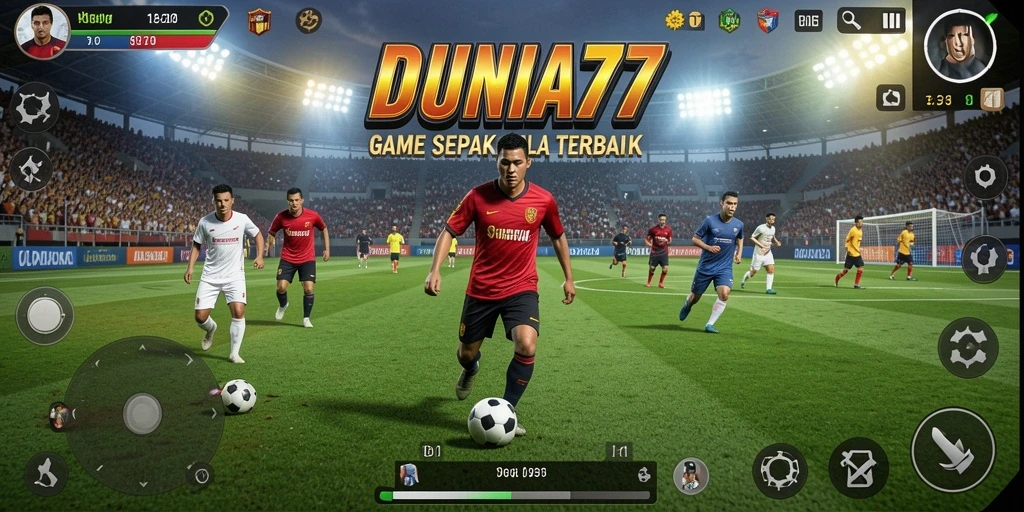Screenshot DUNIA77 menampilkan aksi seru di lapangan sepak bola.