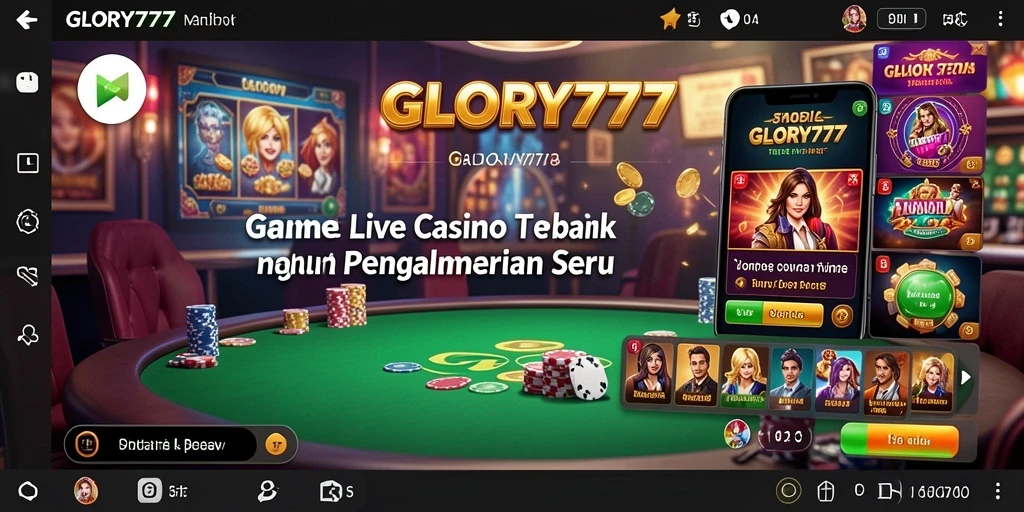 Tangkapan layar gameplay GLORY777 yang menampilkan dealer live dan momen seru di permainan.