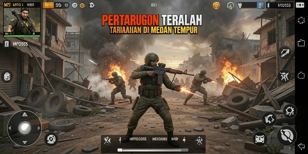 Screenshot MPO555 menampilkan aksi pertarungan seru dalam gameplay Battle Royale.