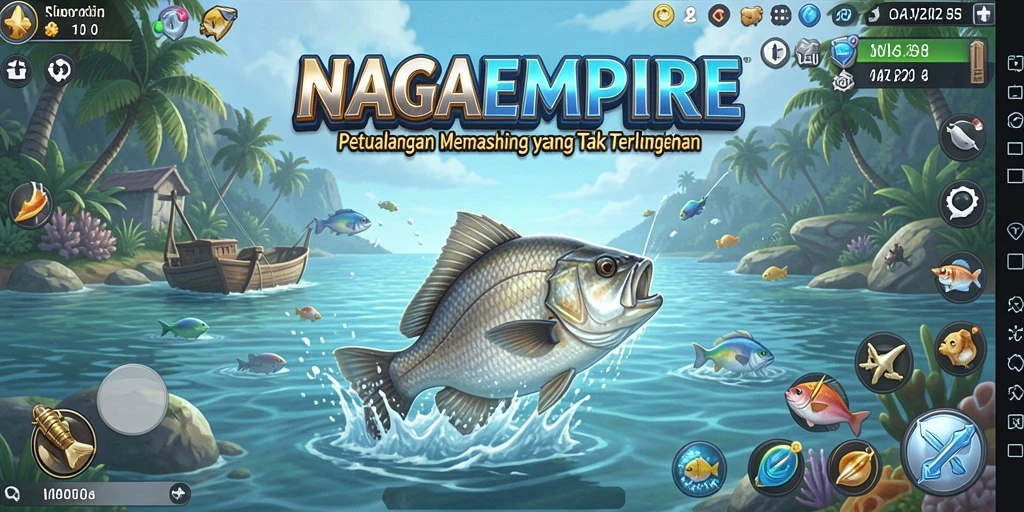 Gameplay NAGAEMPIRE yang menampilkan aksi memancing di laut.