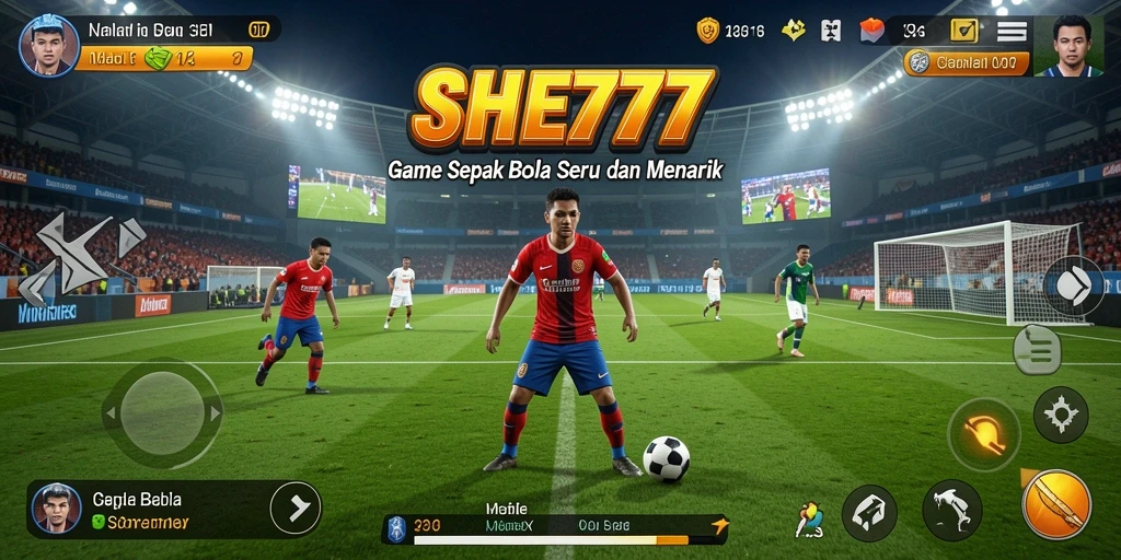 Tampilan gameplay SHE777 menunjukkan aksi seru di lapangan sepak bola.